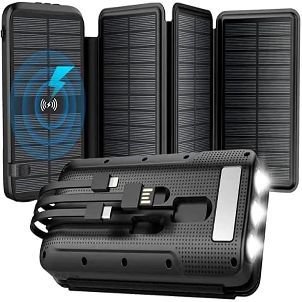 superallure Solar Charger Power Bank Portable Charger43800mAh QC3.0 Fast Charger Qi 10W Wireless Charger 4 Solar Panel Built-in 2 Kinds Output Cable and 680Lumen flashlights