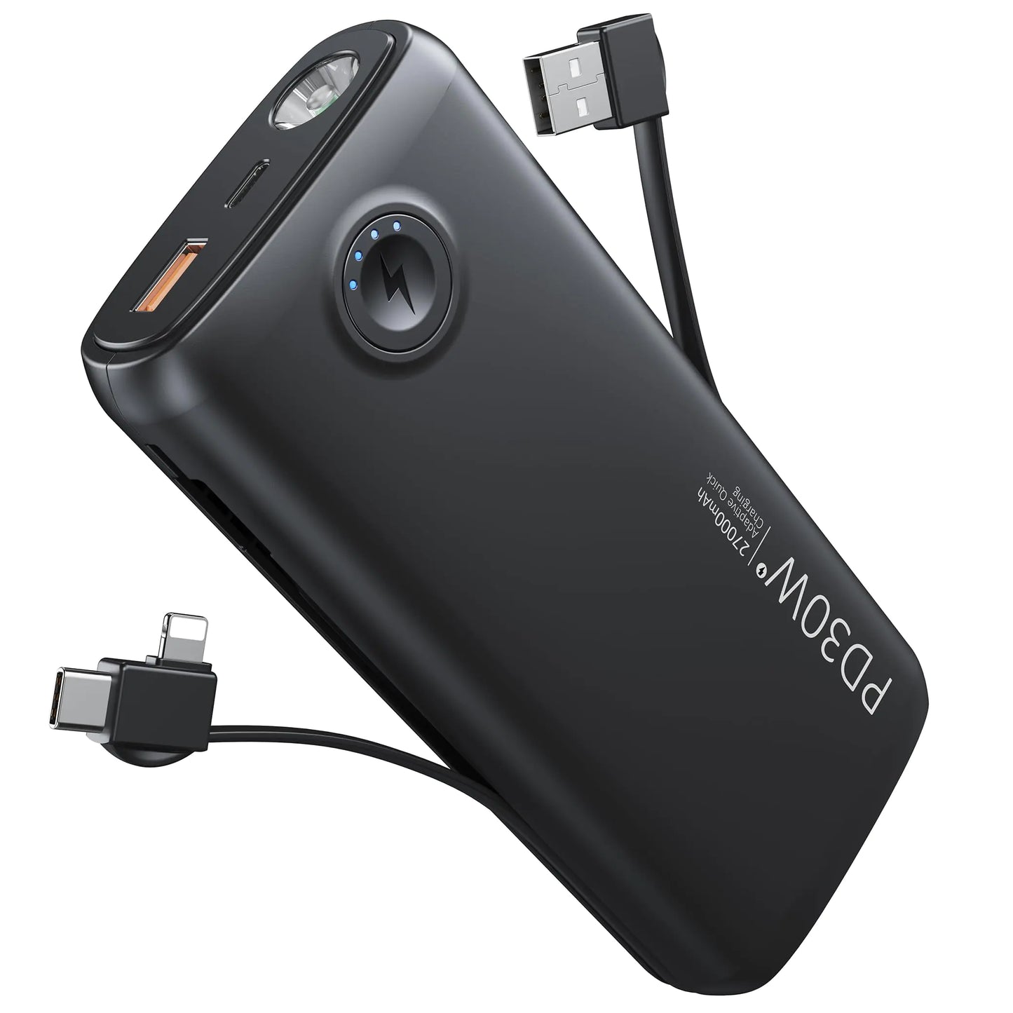 Dpdenoy Portable Charger with Built in Cable 27000mAh Power Bank QC4.0 22.5W PD3.0 USB C Fast Charging Phone Battery Pack with 3W Flashlight for iPhone Samsung Google Tablet and More