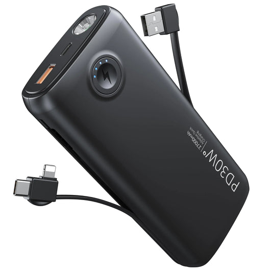 Dpdenoy Portable Charger with Built in Cable 27000mAh Power Bank QC4.0 22.5W PD3.0 USB C Fast Charging Phone Battery Pack with 3W Flashlight for iPhone Samsung Google Tablet and More