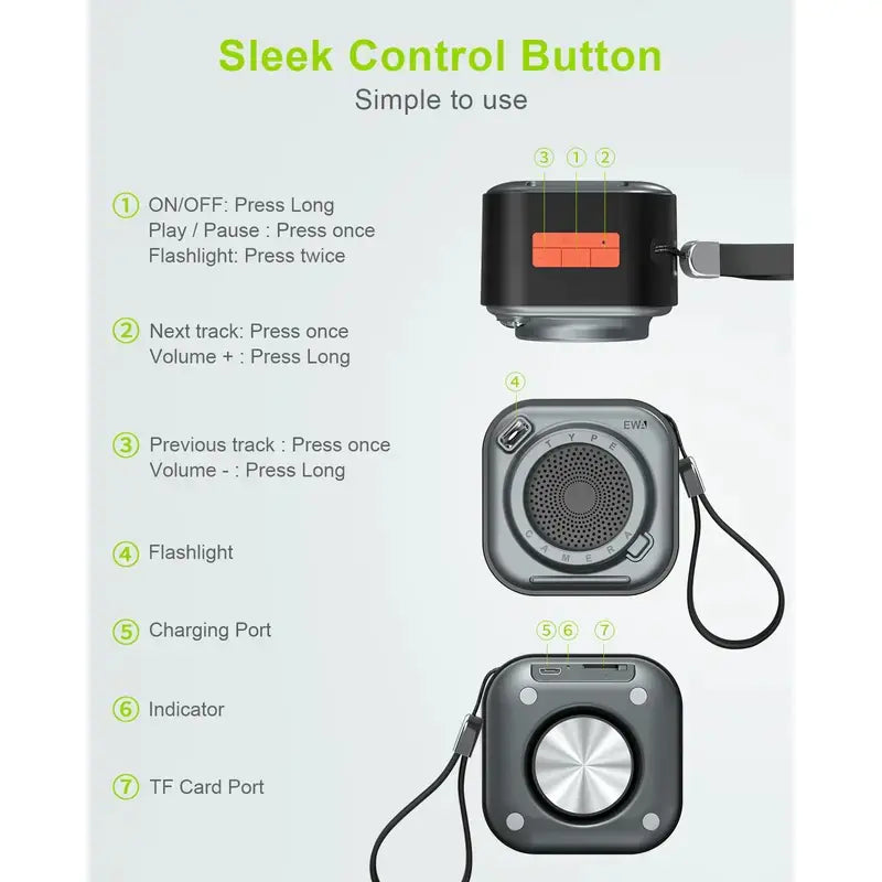 Compact Wireless Speaker with Stereo Sound & Flashlight